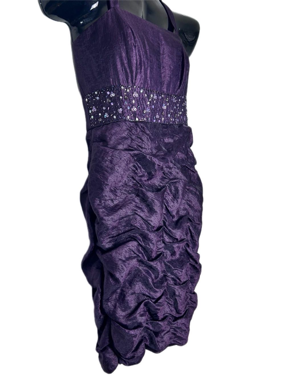 David's Bridal Plum Purple Strapless Taffeta Dress with Beaded Waist - Picture 5 of 14